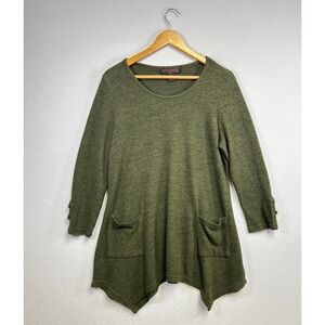 Pleats Collection Olive Green Tunic Sweater Asymmetrical Hem Pockets Size M